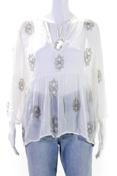 Chan Luu Women's Round Neck 3/4 Sleeves Beaded Sheer Blouse White Size M