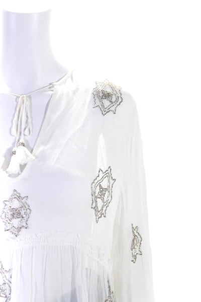 Chan Luu Women's Round Neck 3/4 Sleeves Beaded Sheer Blouse White Size M