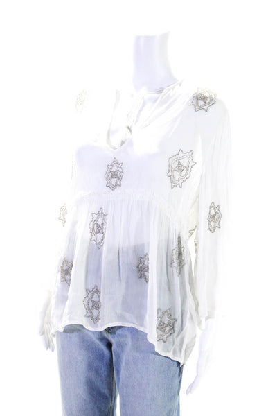 Chan Luu Women's Round Neck 3/4 Sleeves Beaded Sheer Blouse White Size M