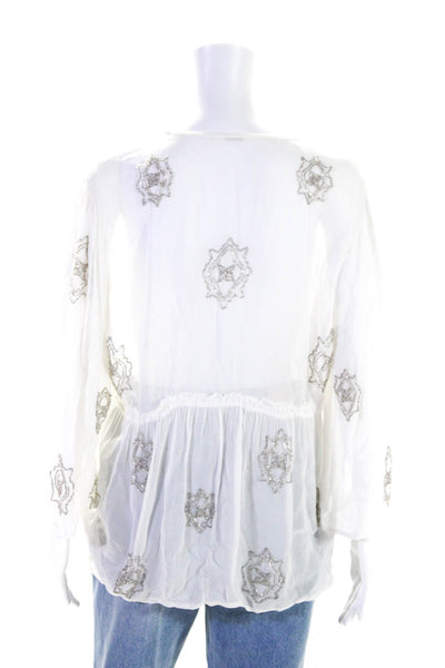 Chan Luu Women's Round Neck 3/4 Sleeves Beaded Sheer Blouse White Size M