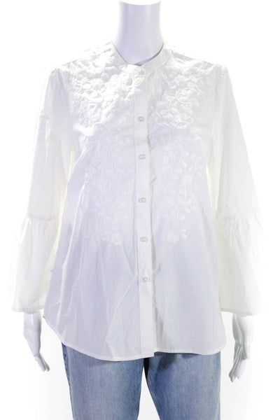 Boden Women's Round Neck Long Sleeves Embroidered Button Up Blouse White Size 8