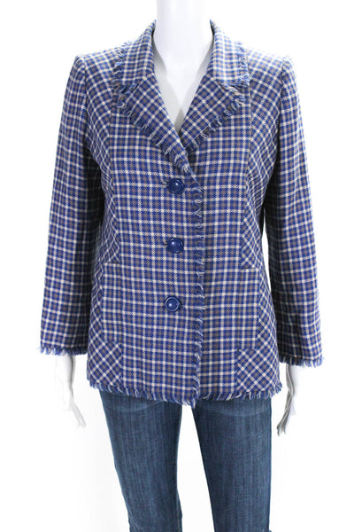 Juanita Sabbadini Womens Woven Check Fringe Blazer Jacket Beige Blue Size Medium