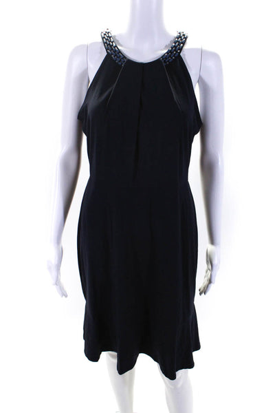 Karl Lagerfeld Womens Beaded Neckline Sleeveless A Line Dress Navy Blue Size 8