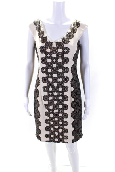 Maggy London Womens Abstract Print V Neck Sheath Dress White Brown Size 6