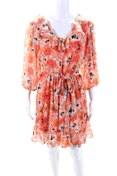 Karl Lagerfeld Womens Floral Print Ruffled A Line Dress Orange Size 6