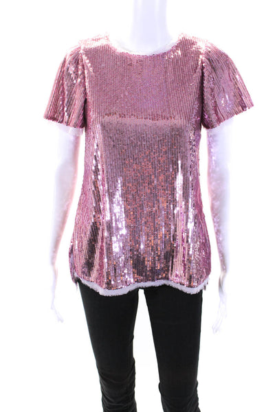 Prabal Gurung Womens Pink Sequins Lined Crew Neck Short Sleeve Blouse Top Size 4