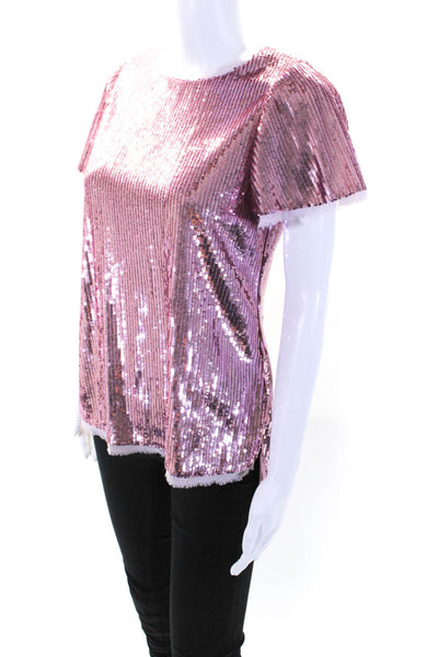 Prabal Gurung Womens Pink Sequins Lined Crew Neck Short Sleeve Blouse Top Size 4