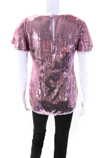 Prabal Gurung Womens Pink Sequins Lined Crew Neck Short Sleeve Blouse Top Size 4