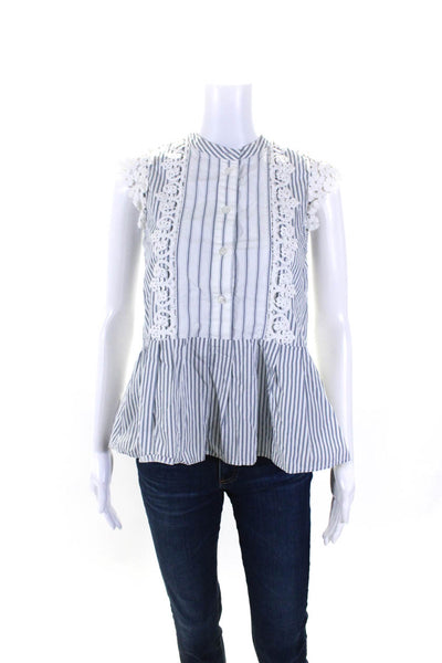 Sea New York Womens Lace Trim Striped Button Up Top Blouse White Blue Size 2