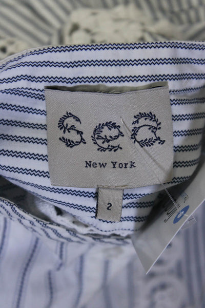 Sea New York Womens Lace Trim Striped Button Up Top Blouse White Blue Size 2