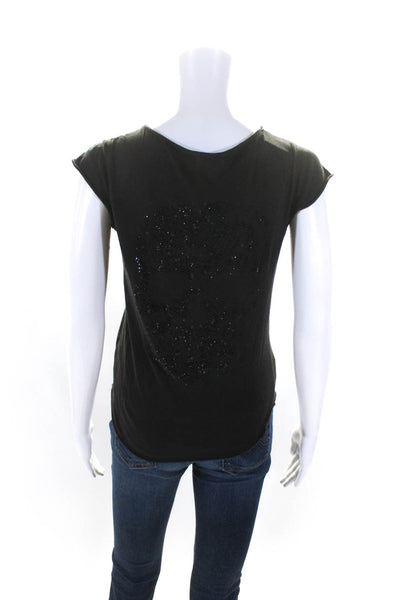 Zadig & Voltaire Womens Black Cotton Skull Bedazzled V-Neck Tee Top Size XS