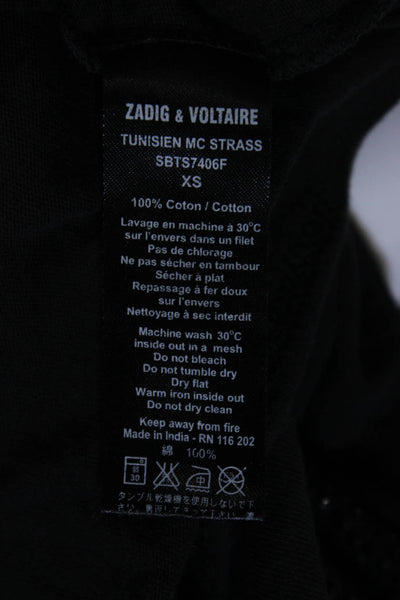 Zadig & Voltaire Womens Black Cotton Skull Bedazzled V-Neck Tee Top Size XS