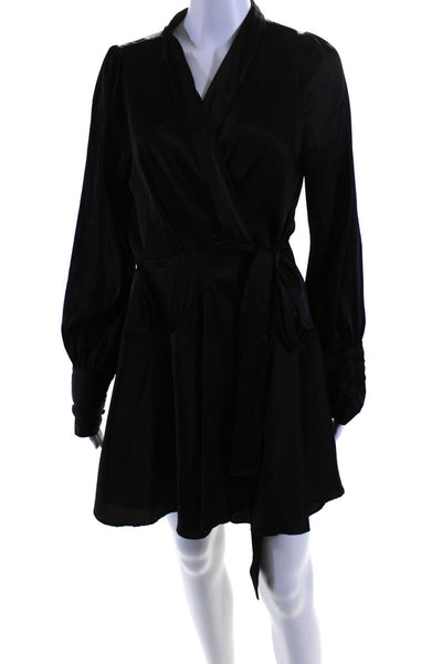 Dress Day Womens Long Sleeve Button Cuff Satin Wrap Dress Black Size Large