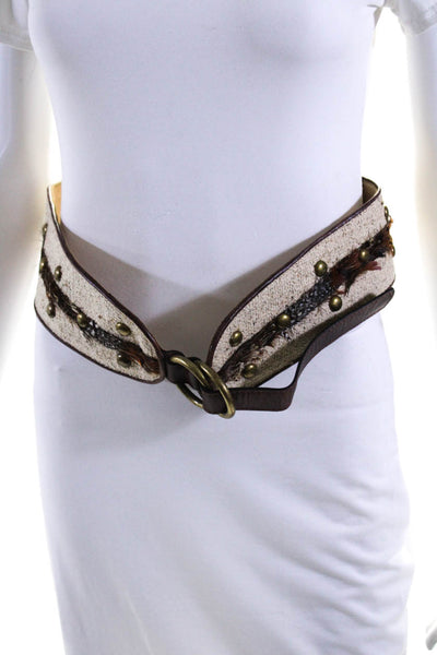 Arden B Womens Leather Trim Canvas Feather Studded Wide Belt Beige Brown M/L