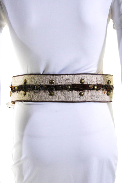Arden B Womens Leather Trim Canvas Feather Studded Wide Belt Beige Brown M/L
