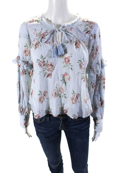 Love Shack Fancy Womens Cotton Floral Print Tied Long Sleeve Blouse Blue Size XS