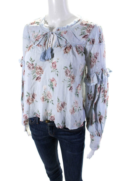 Love Shack Fancy Womens Cotton Floral Print Tied Long Sleeve Blouse Blue Size XS