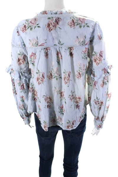 Love Shack Fancy Womens Cotton Floral Print Tied Long Sleeve Blouse Blue Size XS