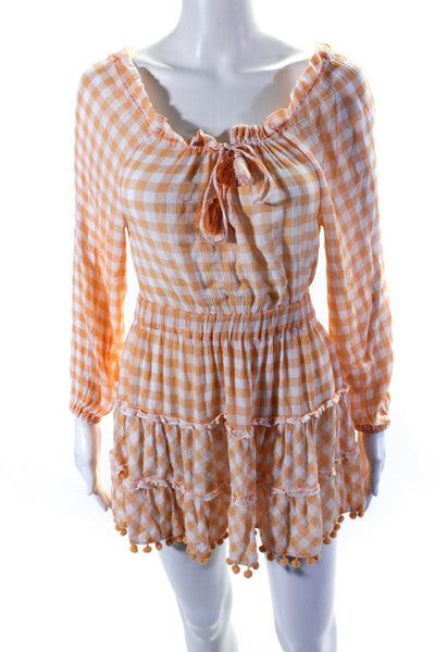 Playa Lucila Womens Check Print Pom Pom Long Sleeve Trimmed Dress Orange Size XS