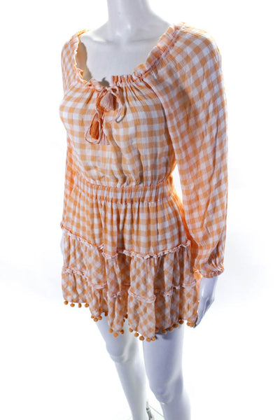 Playa Lucila Womens Check Print Pom Pom Long Sleeve Trimmed Dress Orange Size XS