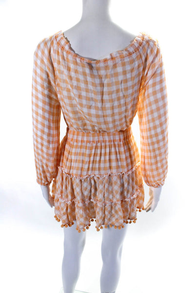 Playa Lucila Womens Check Print Pom Pom Long Sleeve Trimmed Dress Orange Size XS