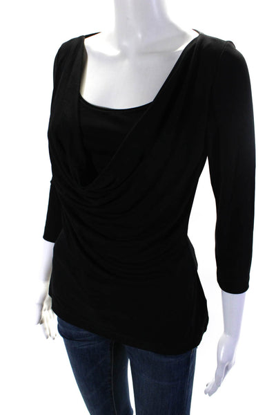 St. John Women's Cowl Neck Wrap Front 3/4 Sleeves Blouse Black Size P