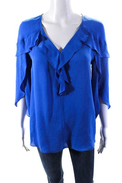 Kobi Halperin Women's V-Neck Ruffle Long Sleeves Silk Blouse Blue Size XS