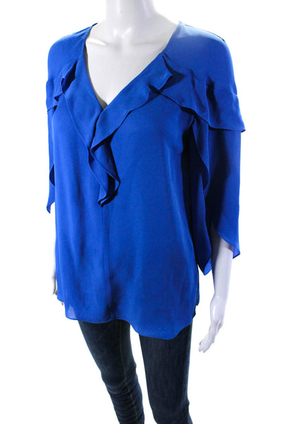 Kobi Halperin Women's V-Neck Ruffle Long Sleeves Silk Blouse Blue Size XS