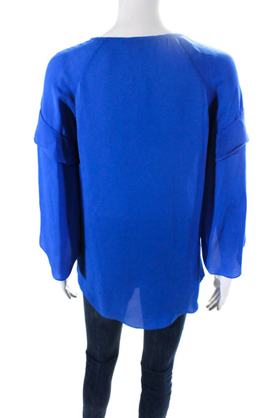 Kobi Halperin Women's V-Neck Ruffle Long Sleeves Silk Blouse Blue Size XS