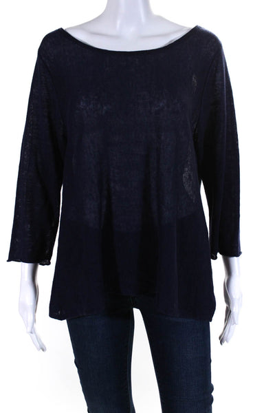 Eileen Fisher Women's Round Neck Short Sleeves Blouse Navy Blue Size L