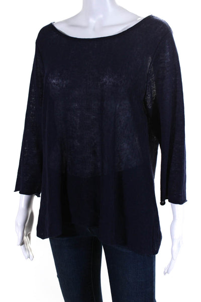 Eileen Fisher Women's Round Neck Short Sleeves Blouse Navy Blue Size L