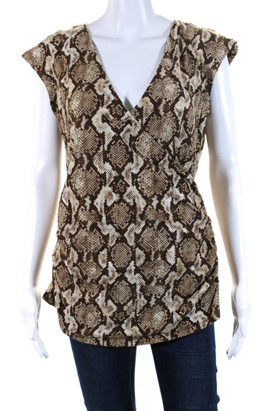 Michael Michael Kors Womens Cotton Snakeskin Print V-Neck Blouse Brown Size L