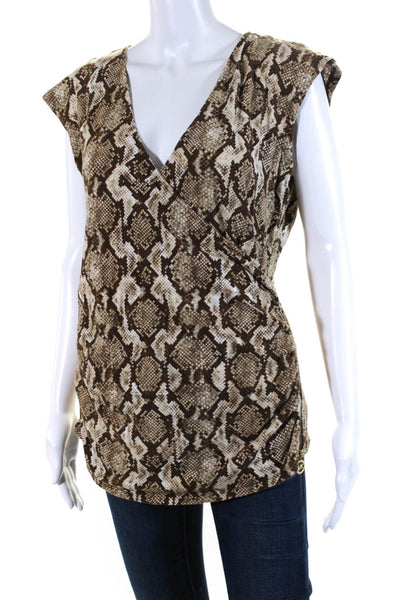 Michael Michael Kors Womens Cotton Snakeskin Print V-Neck Blouse Brown Size L