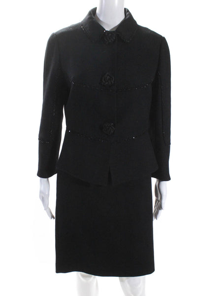 G. Guaglianone Womens Sequined Button Up Jacket Pencil Skirt Suit Black Size 10