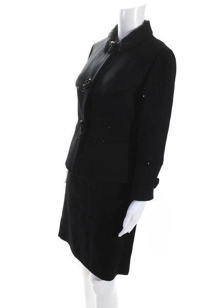 G. Guaglianone Womens Sequined Button Up Jacket Pencil Skirt Suit Black Size 10