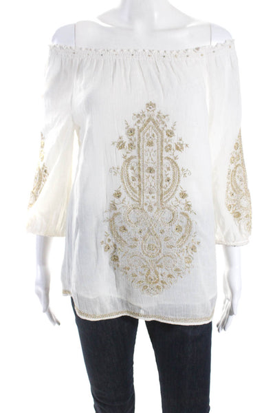 Christophe Sauvat Womens Long Sleeve Metallic Embroidered Blouse Cream Size XS