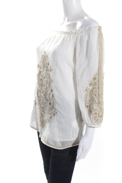 Christophe Sauvat Womens Long Sleeve Metallic Embroidered Blouse Cream Size XS
