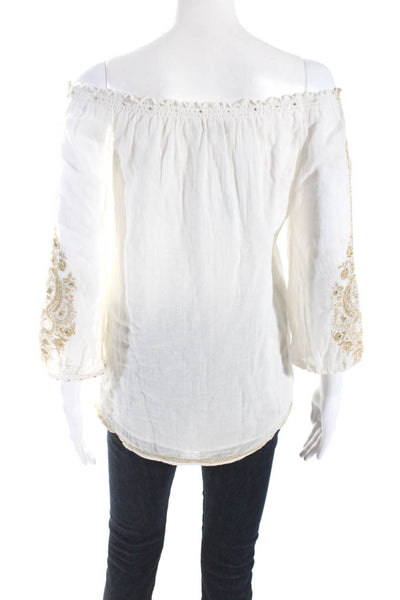 Christophe Sauvat Womens Long Sleeve Metallic Embroidered Blouse Cream Size XS