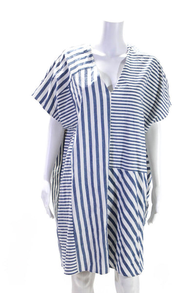 Where Mountains Meet Womens White Striped V-Neck Short Sleeve Shirt Dress Size L