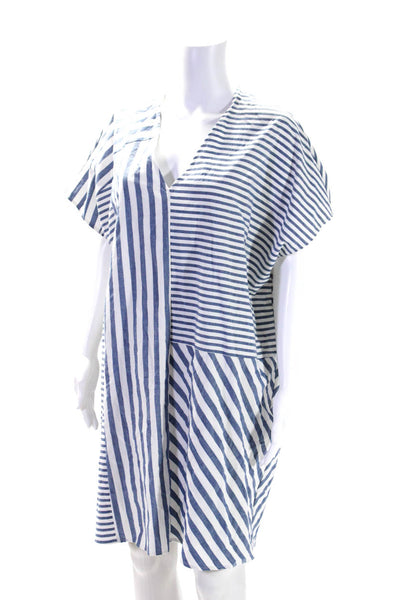 Where Mountains Meet Womens White Striped V-Neck Short Sleeve Shirt Dress Size L