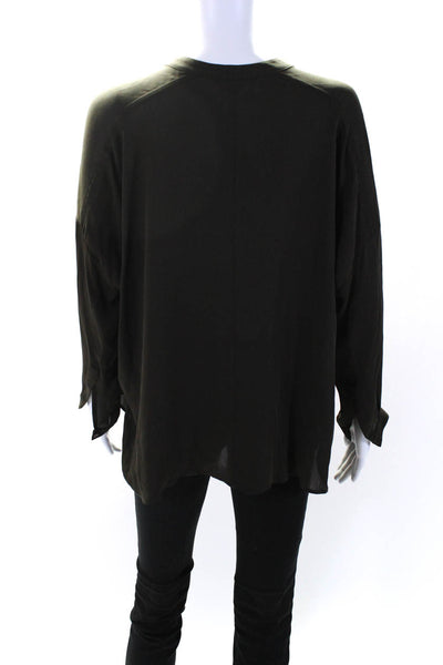 Vince Womens Long Sleeve Oversized Side Slit V Neck Silk Top Brown Size XS