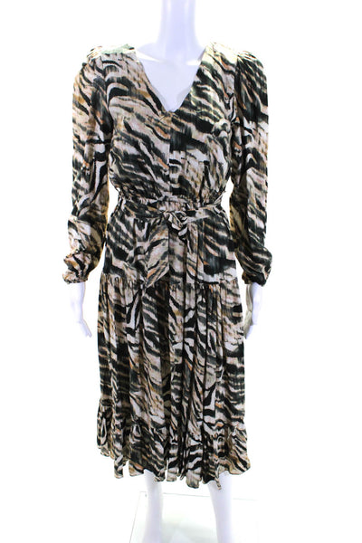 Willa Story Womens Long Sleeve V Neck Belted Midi Dress Brown Black Beige XS