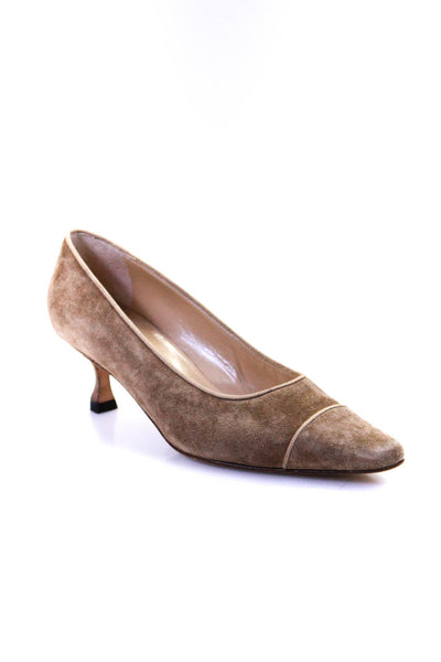 Manolo Blahnik Womens Suede Almond Cap Toe Low Heel Pumps Gray Beige Size 7.5US