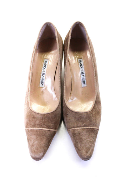 Manolo Blahnik Womens Suede Almond Cap Toe Low Heel Pumps Gray Beige Size 7.5US