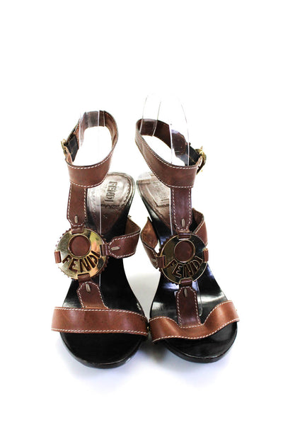 Fendi Womens Brown Leather Embellished Ankle Strap Heels Sandals Shoes Size 7