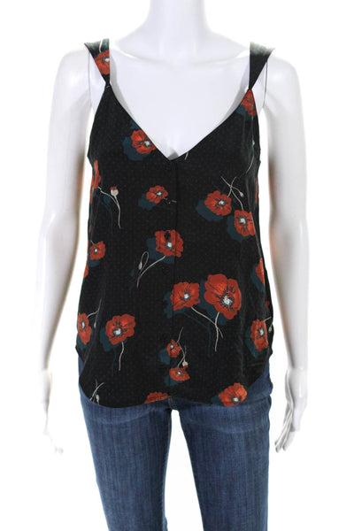 Equipment Womens V Neck Button Up Floral Tank Top Blouse Black Orange Size Small