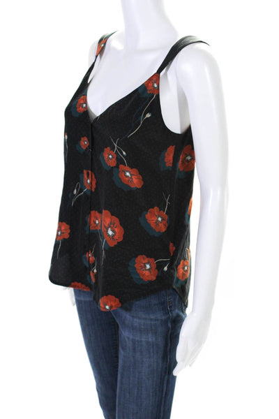 Equipment Womens V Neck Button Up Floral Tank Top Blouse Black Orange Size Small