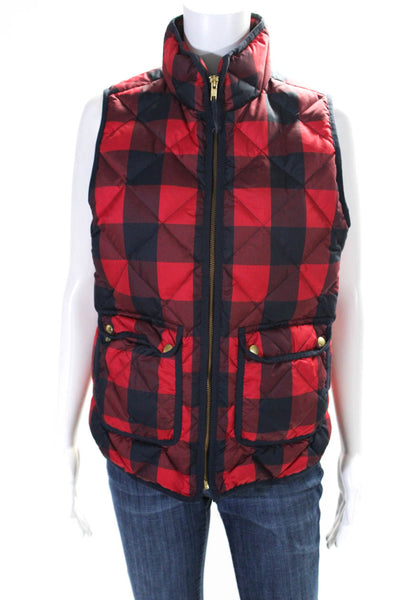 J Crew Womens Red Black Buffalo Plaid Quilted Mock Neck Zip Vest Jacket Size S