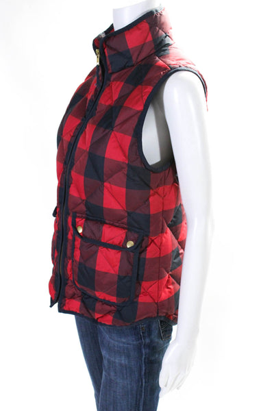 J Crew Womens Red Black Buffalo Plaid Quilted Mock Neck Zip Vest Jacket Size S