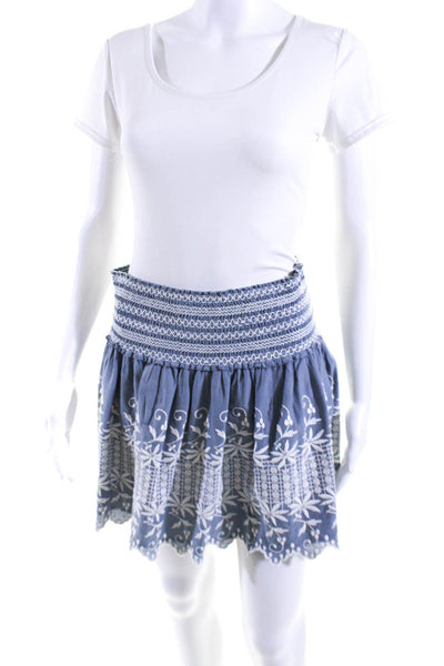 Love Shack Fancy Womens Smocked Embroidered Mini Drop Waist Skirt Blue Size 2